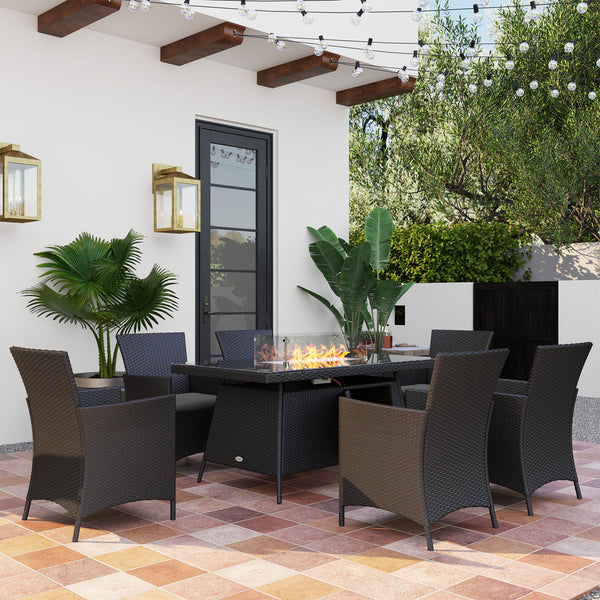 7 Pieces Outdoor Rattan Garden Furniture with Fire Pit Table, 6 Seater Garden Table and Chairs with Cushions, Rattan Dining Set with Propane Heater Table, Windscreen, 50,000 BTU, Black