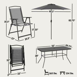 8 Piece Patio Dining Set with Table Umbrella, 6 Folding Chairs and Rectangle Dining Table, Outdoor Patio Furniture Set, Black