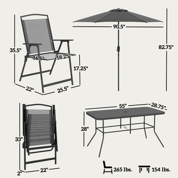 8 Piece Patio Dining Set with Table Umbrella, 6 Folding Chairs and Rectangle Dining Table, Outdoor Patio Furniture Set, Black