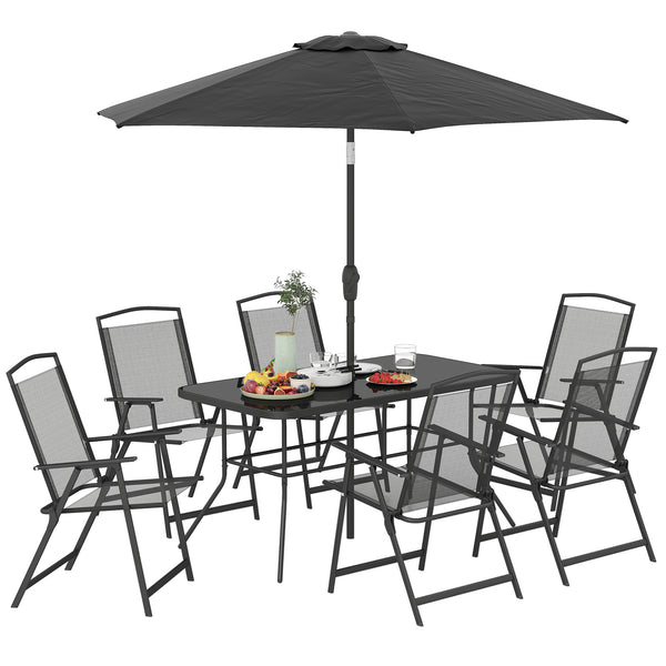 8 Piece Patio Dining Set with Table Umbrella, 6 Folding Chairs and Rectangle Dining Table, Outdoor Patio Furniture Set, Black