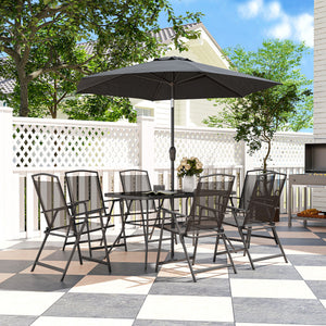 8 Piece Patio Dining Set with Table Umbrella, 6 Folding Chairs and Rectangle Dining Table, Outdoor Patio Furniture Set, Black