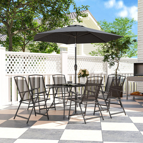8 Piece Patio Dining Set with Table Umbrella, 6 Folding Chairs and Rectangle Dining Table, Outdoor Patio Furniture Set, Black