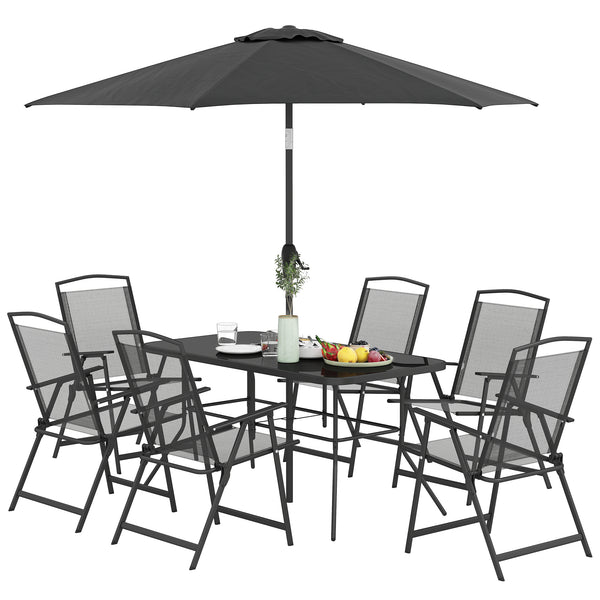 8 Piece Patio Dining Set with Table Umbrella, 6 Folding Chairs and Rectangle Dining Table, Outdoor Patio Furniture Set, Black