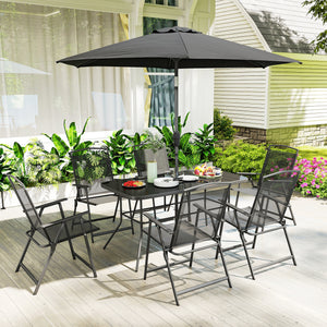 8 Piece Patio Dining Set with Table Umbrella, 6 Folding Chairs and Rectangle Dining Table, Outdoor Patio Furniture Set, Black