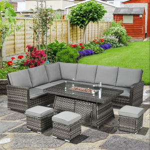 7 Pieces PE Rattan Garden Furniture Set, 50,000 BTU Gas Fire Pit Table, Double Corner Sofa and 3 Footstools, 6 Seater Furniture Sofa Sets with Cushions for Conservatory, Grey