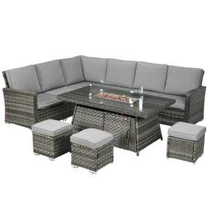 7 Pieces PE Rattan Garden Furniture Set, 50,000 BTU Gas Fire Pit Table, Double Corner Sofa and 3 Footstools, 6 Seater Furniture Sofa Sets with Cushions for Conservatory, Grey
