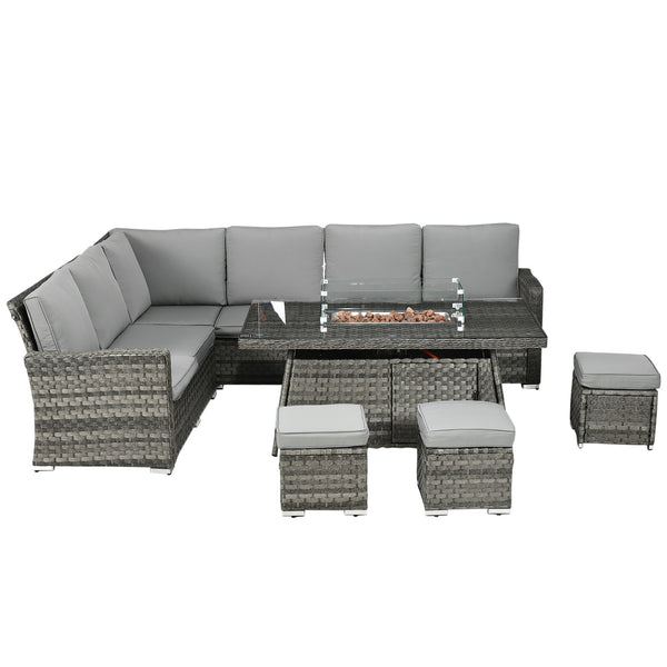 7 Pieces PE Rattan Garden Furniture Set, 50,000 BTU Gas Fire Pit Table, Double Corner Sofa and 3 Footstools, 6 Seater Furniture Sofa Sets with Cushions for Conservatory, Grey