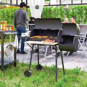 Charcoal Grill with Offset Smoker, 231 Sq.In. Cooking Area, Barrel BBQ Grill and Smoker Combo with Side Tables, Shelf, Thermometer, Wheels for Outdoor Patio Backyard Party Event Gathering