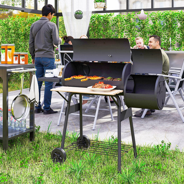 Charcoal Grill with Offset Smoker, 231 Sq.In. Cooking Area, Barrel BBQ Grill and Smoker Combo with Side Tables, Shelf, Thermometer, Wheels for Outdoor Patio Backyard Party Event Gathering