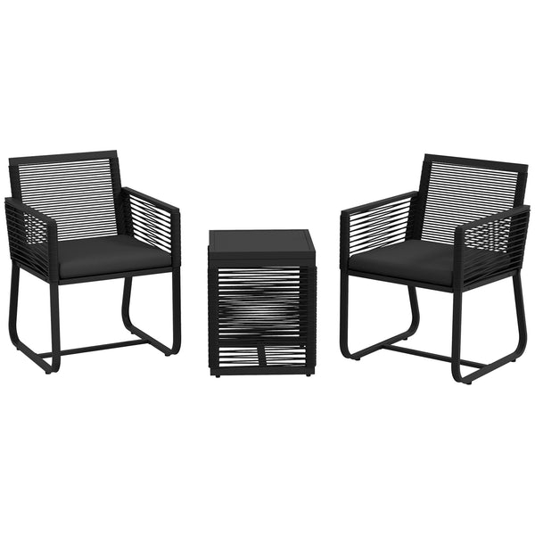 3 Pieces Wicker Patio Furniture Set, Rattan Bistro Set with Glass Top Coffee Table and Cushions, Outdoor Conversation Set for Garden, Porch, Balcony, Black