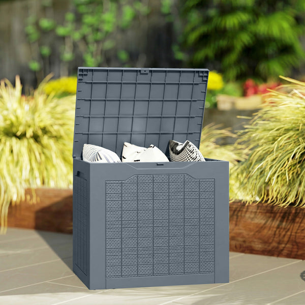93L Plastic Garden Storage Box, Outdoor Storage Box with Handles, Waterproof Outdoor Storage Container for Garden Tools and Accessories, Light Grey