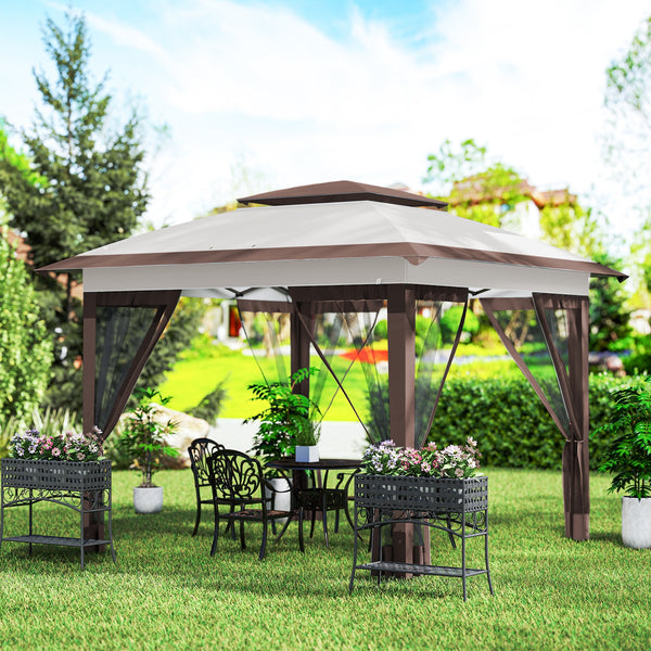 12' x 12' Pop Up Canopy Sun Shade Instant Tent Folding with Mesh Sidewalls, 3-Level Adjustable Height and Storage Bag, Beige and Dark Brown