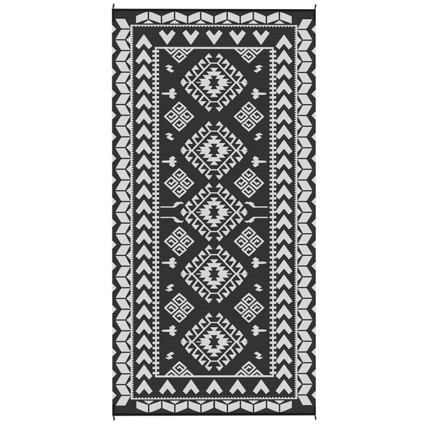 Outsunny Reversible Outdoor Rug, 9' x 18' Waterproof Plastic Straw Floor Mat, Portable RV Camping Carpet, Large Floor Mat for Backyard, Deck, Picnic, Beach, Black & White Rhombus Patchwork