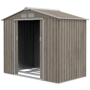 7 x 4ft Metal Garden Shed, Outdoor Storage Tool House with Ventilation Slots, Foundation Kit and Lockable Double Doors, Light Brown