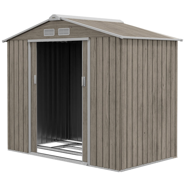 7 x 4ft Metal Garden Shed, Outdoor Storage Tool House with Ventilation Slots, Foundation Kit and Lockable Double Doors, Light Brown