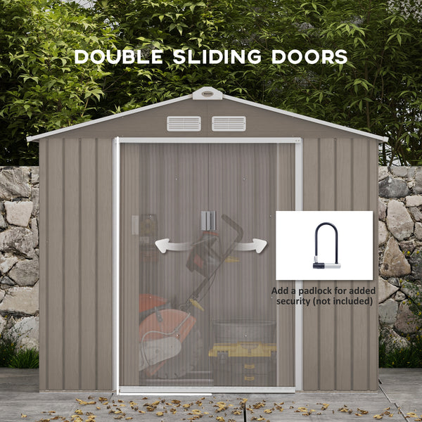7 x 4ft Metal Garden Shed, Outdoor Storage Tool House with Ventilation Slots, Foundation Kit and Lockable Double Doors, Light Brown