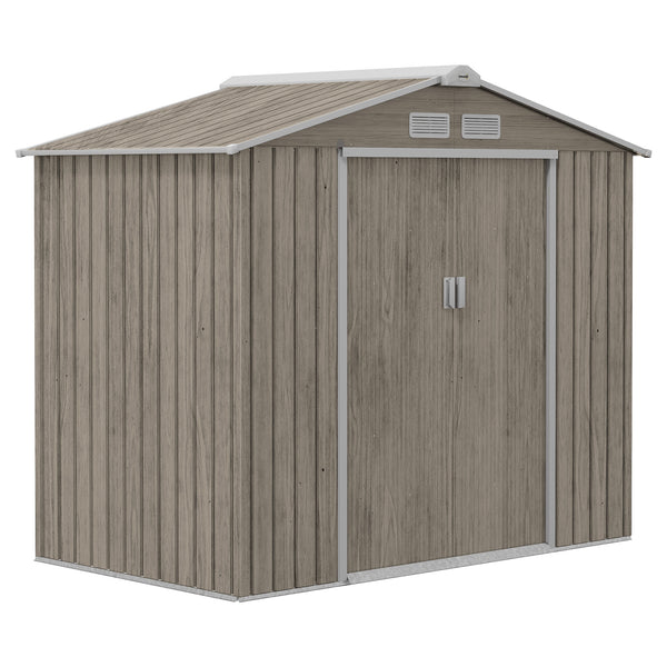 7 x 4ft Metal Garden Shed, Outdoor Storage Tool House with Ventilation Slots, Foundation Kit and Lockable Double Doors, Light Brown