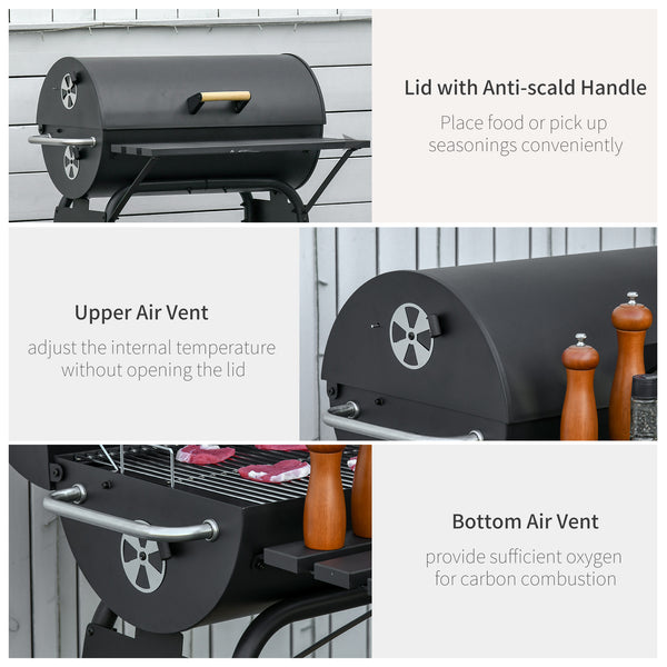 30" Portable Barrel Charcoal BBQ Grill with 370 Square Inches Cooking Space & Storage Shelf for Garden Camping Picnic, Black
