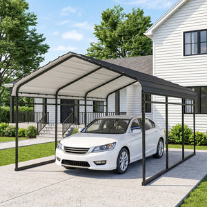 10' x 15' x 8' Heavy Duty Metal Carport, Waterproof Car Shelter Garage Canopy with Galvanized Metal Roof and Removable Sidewalls for Cars, Boats and Trucks, Light Grey