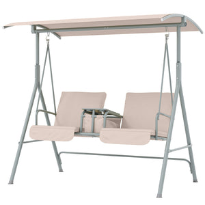 2 Seater Garden Swing Chair Patio Rocking Bench w/ Tilting Canopy, Double Padded Seats, Storage Bag and Tray, Beige