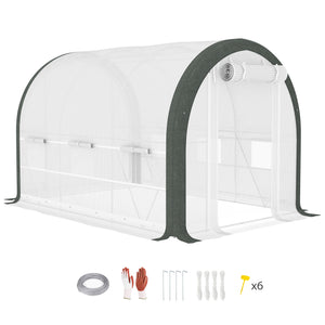 3 x 2(m) Walk-in Polytunnel Greenhouse with Upgraded Structure, Zipped Roll Up Mesh Door, 6 Mesh Windows, Tunnel Warm House Tent with PE Cover, 6 Plant Labels and Gloves, White