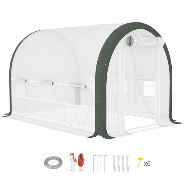 3 x 2(m) Walk-in Polytunnel Greenhouse with Upgraded Structure, Zipped Roll Up Mesh Door, 6 Mesh Windows, Tunnel Warm House Tent with PE Cover, 6 Plant Labels and Gloves, White