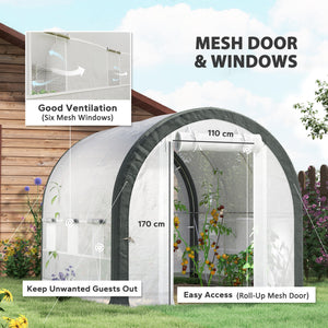 3 x 2(m) Walk-in Polytunnel Greenhouse with Upgraded Structure, Zipped Roll Up Mesh Door, 6 Mesh Windows, Tunnel Warm House Tent with PE Cover, 6 Plant Labels and Gloves, White