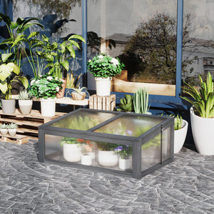 39" x 26" x 16" Wooden Cold Frame with Openable and Tilted Top Cover, Small Polycarbonate Planter Box for Flowers, Vegetables, Plants, Grey