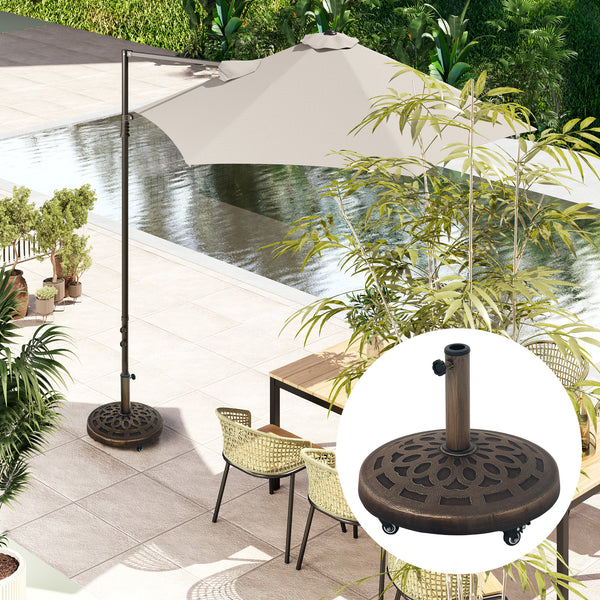 Round Patio Umbrella Base with Wheels, 46 lbs Resin Umbrella Stand Base, Heavy Duty Patio Umbrella Holder for 1.3"/1.5"/1.9" Umbrella Poles for Outdoor, Lawn, Poolside, Bronze