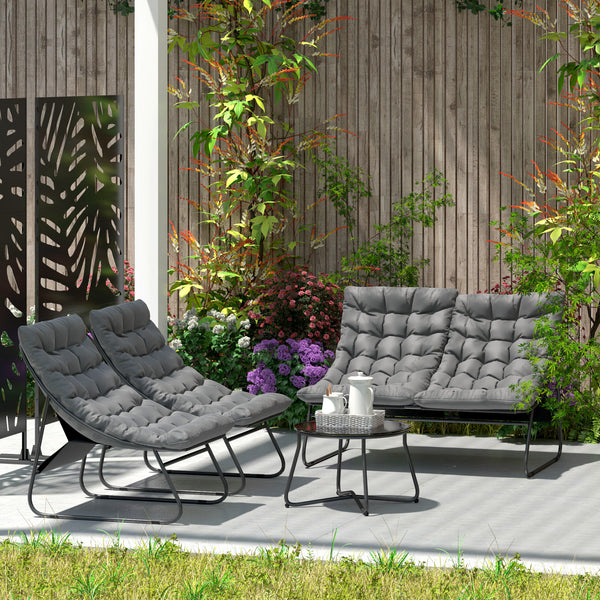 4 Seater Garden Furniture Set, Conversation Set with Loveseat Sofa, Chairs, Glass Coffee Table, Thick Cushions, Steel Outdoor Sofa for Balcony, Poolside, Conservatory, Grey
