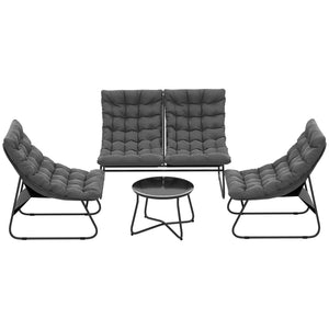 4 Seater Garden Furniture Set, Conversation Set with Loveseat Sofa, Chairs, Glass Coffee Table, Thick Cushions, Steel Outdoor Sofa for Balcony, Poolside, Conservatory, Grey