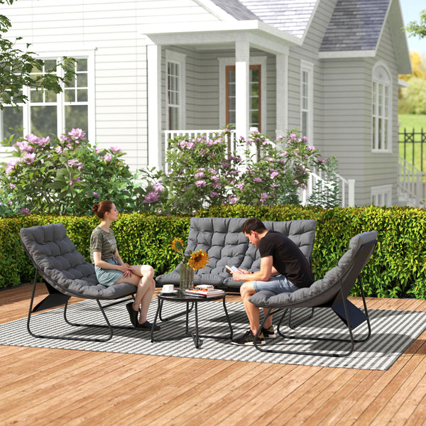 4 Seater Garden Furniture Set, Conversation Set with Loveseat Sofa, Chairs, Glass Coffee Table, Thick Cushions, Steel Outdoor Sofa for Balcony, Poolside, Conservatory, Grey