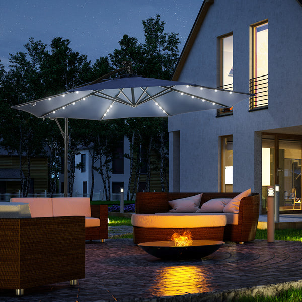 10ft Outdoor Cantilever Umbrella with Solar Lights, Banana Umbrella with Adjustable Angle for Patio, Backyard, Navy Blue