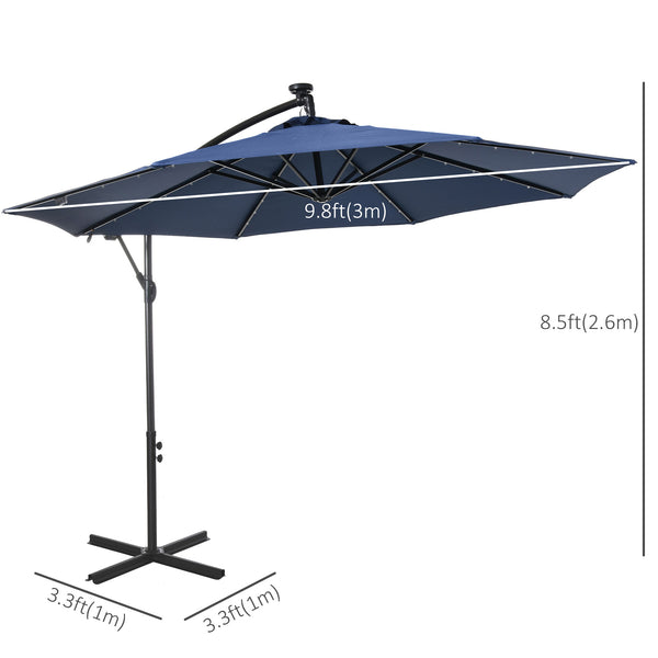 10ft Outdoor Cantilever Umbrella with Solar Lights, Banana Umbrella with Adjustable Angle for Patio, Backyard, Navy Blue