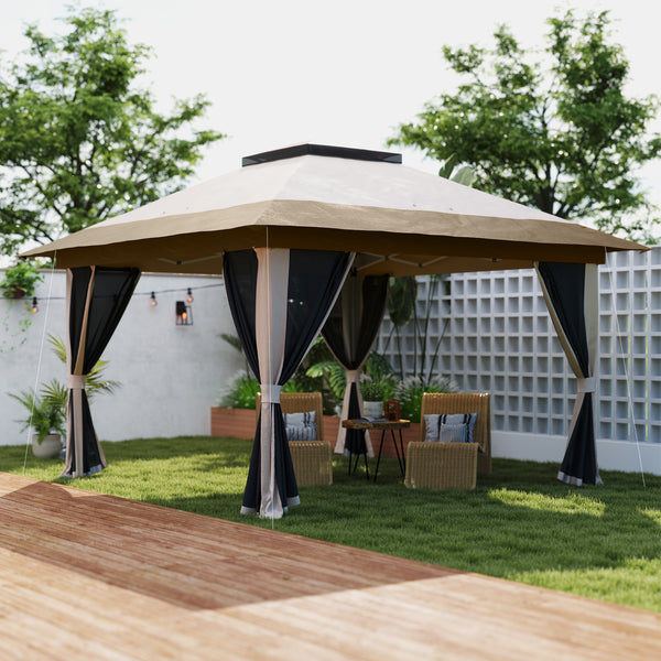 3.6 x 3.6m Pop Up Gazebo with Mesh Sides, UPF50+ Height Adjustable Party Tent Instant Event Shelter with Wheeled Carry Bag and Sand Bags for Garden, Patio, Beige