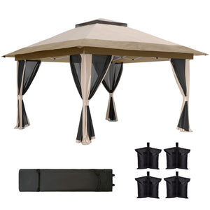 3.6 x 3.6m Pop Up Gazebo with Mesh Sides, UPF50+ Height Adjustable Party Tent Instant Event Shelter with Wheeled Carry Bag and Sand Bags for Garden, Patio, Beige