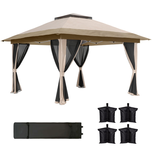 3.6 x 3.6m Pop Up Gazebo with Mesh Sides, UPF50+ Height Adjustable Party Tent Instant Event Shelter with Wheeled Carry Bag and Sand Bags for Garden, Patio, Beige