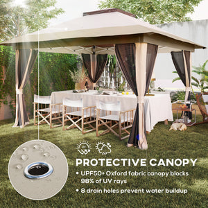 3.6 x 3.6m Pop Up Gazebo with Mesh Sides, UPF50+ Height Adjustable Party Tent Instant Event Shelter with Wheeled Carry Bag and Sand Bags for Garden, Patio, Beige