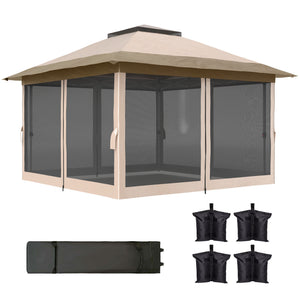 3.6 x 3.6m Pop Up Gazebo with Mesh Sides, UPF50+ Height Adjustable Party Tent Instant Event Shelter with Wheeled Carry Bag and Sand Bags for Garden, Patio, Beige