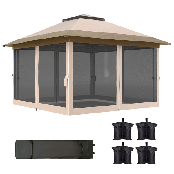 3.6 x 3.6m Pop Up Gazebo with Mesh Sides, UPF50+ Height Adjustable Party Tent Instant Event Shelter with Wheeled Carry Bag and Sand Bags for Garden, Patio, Beige