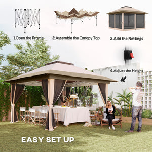 3.6 x 3.6m Pop Up Gazebo with Mesh Sides, UPF50+ Height Adjustable Party Tent Instant Event Shelter with Wheeled Carry Bag and Sand Bags for Garden, Patio, Beige