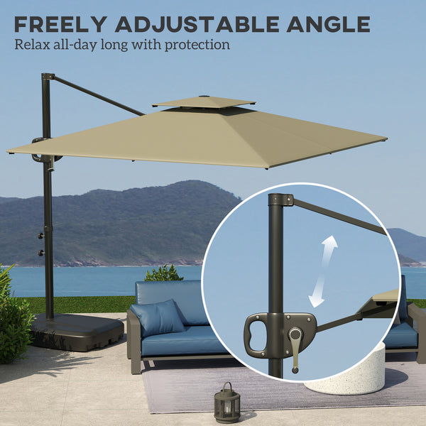 8' x 9' Square Cantilever Patio Umbrella with Fillable Base, Double Top Patio Hanging Offset Umbrella, Outdoor Cantilever Parasol with Crank & Tilt, Light Grey