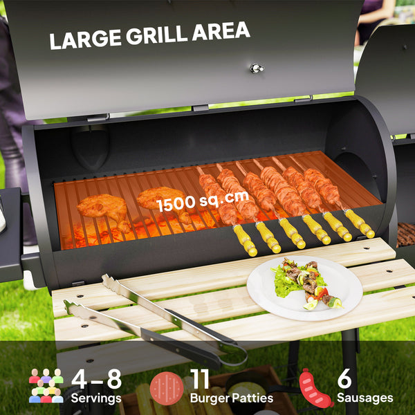 Charcoal Grill with Offset Smoker, 231 Sq.In. Cooking Area, Barrel BBQ Grill and Smoker Combo with Side Tables, Shelf, Thermometer, Wheels for Outdoor Patio Backyard Party Event Gathering