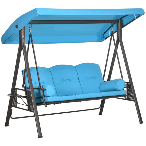 3 Seater Porch Swing Heavy Duty Outdoor Swing Chair Outdoor Lounge Hammock Cushioned Seat w/ Tilt Canopy, Light Blue
