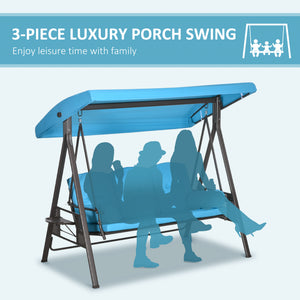 3 Seater Porch Swing Heavy Duty Outdoor Swing Chair Outdoor Lounge Hammock Cushioned Seat w/ Tilt Canopy, Light Blue
