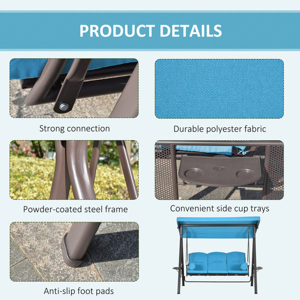3 Seater Porch Swing Heavy Duty Outdoor Swing Chair Outdoor Lounge Hammock Cushioned Seat w/ Tilt Canopy, Light Blue