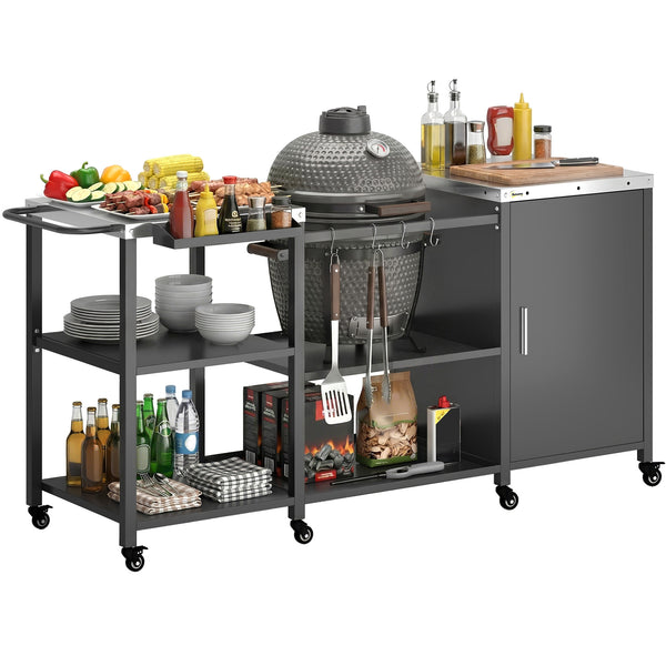 Grill Table for Big Green Egg Grill, Heavy Duty Metal BBQ Prep Table with Stainless Steel Top, Storage Cabinet, Spice Rack, Paper Towel Rack, Outdoor Kitchen Island with Wheels, Hooks, Handle