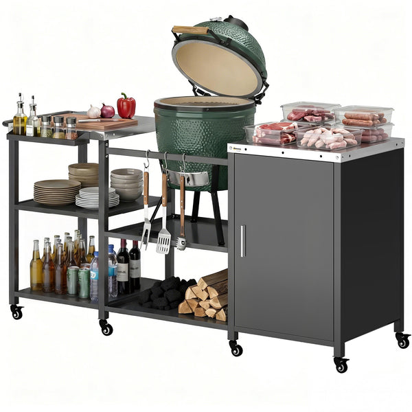 Grill Table for Big Green Egg Grill, Heavy Duty Metal BBQ Prep Table with Stainless Steel Top, Storage Cabinet, Spice Rack, Paper Towel Rack, Outdoor Kitchen Island with Wheels, Hooks, Handle