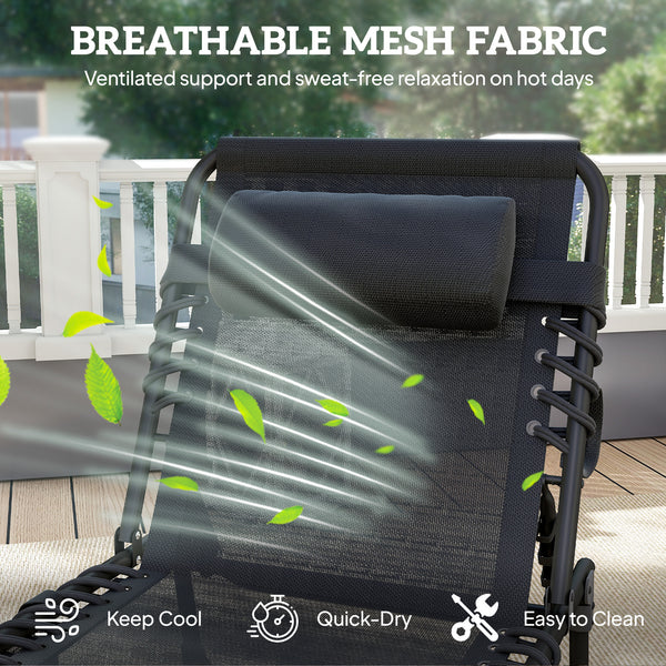 Folding Lounge Chair, Reclining Tanning Chair, Portable Sun Lounger with Adjustable Backrest and Removable Pillow for Patio, Garden, Beach, Black
