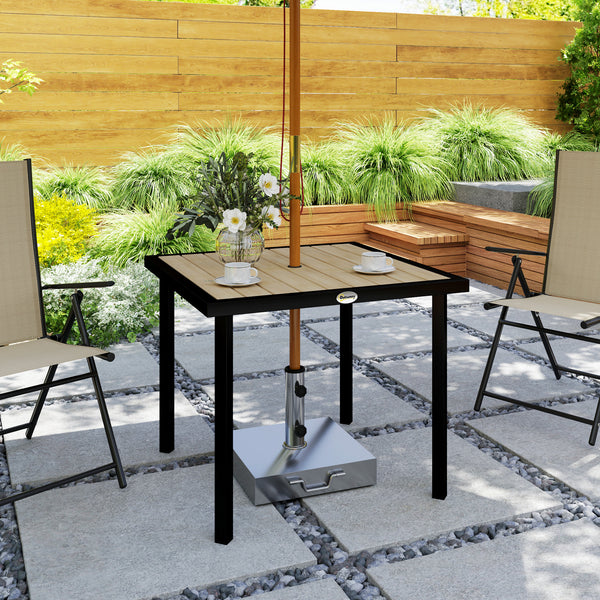 Garden Table for 4 Person, Square 86 x 86 x 71cm Patio Outdoor Dining Table with 5.4cm Parasol Hole, Easy Clean Slatted Top, Metal Frame, for Balcony, Deck, Brown